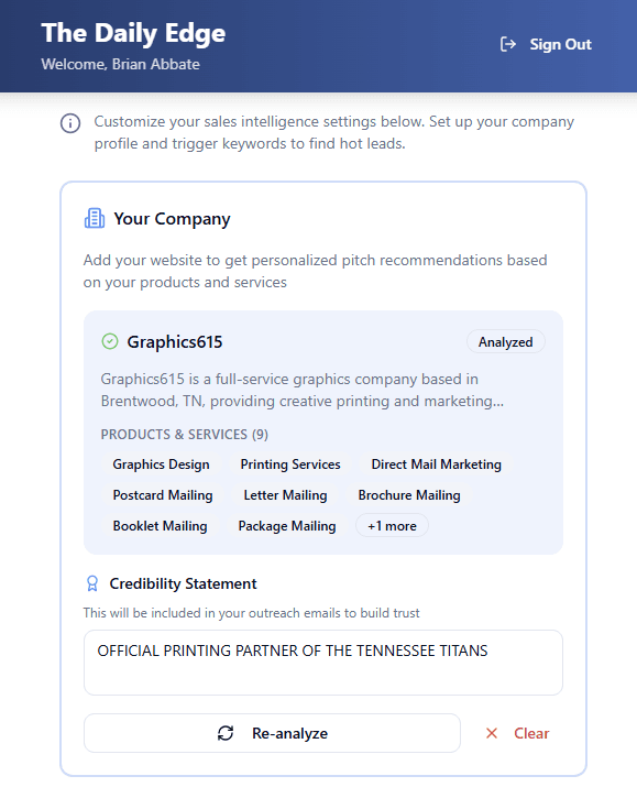 Company Profile — Enter your website and The Daily Edge analyzes it to identify your products, services, and a credibility statement for outreach emails.