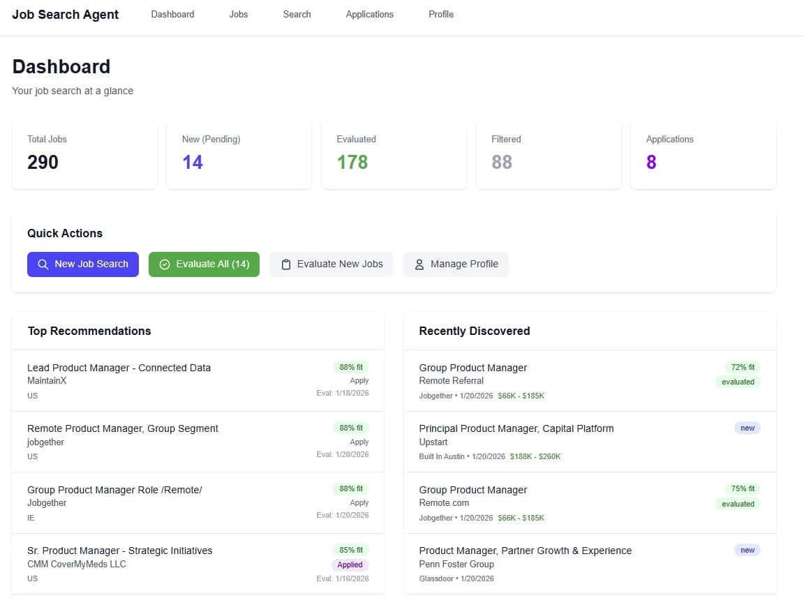 Dashboard — Track your job search pipeline at a glance: jobs discovered, evaluated, filtered by deal breakers, and applications submitted.